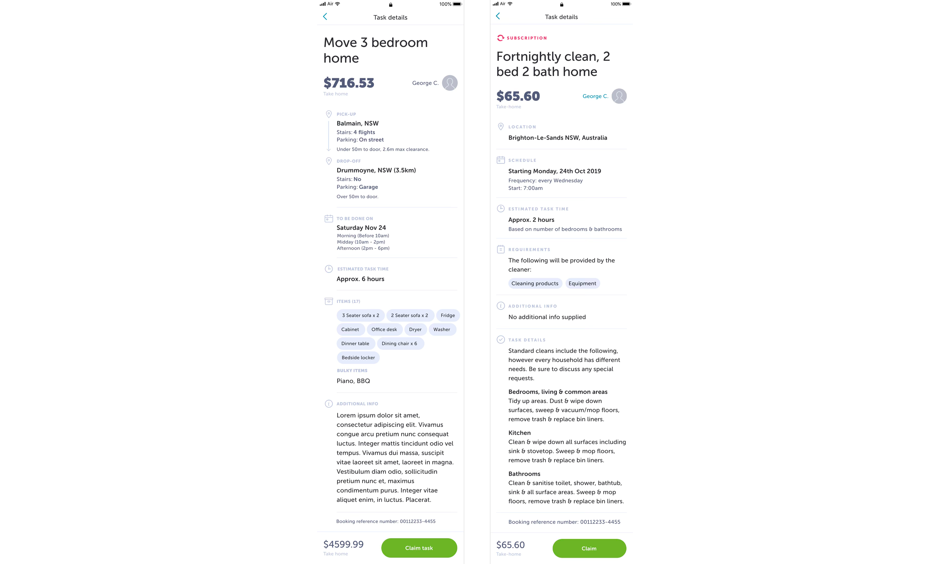 Instant booking and subscriptions screens